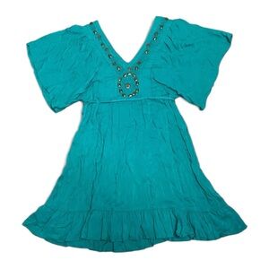 Vtg Y2K AS U WISH Women's Size S Teal Short Sleeve V-Neck Boho Chic Mini Dress